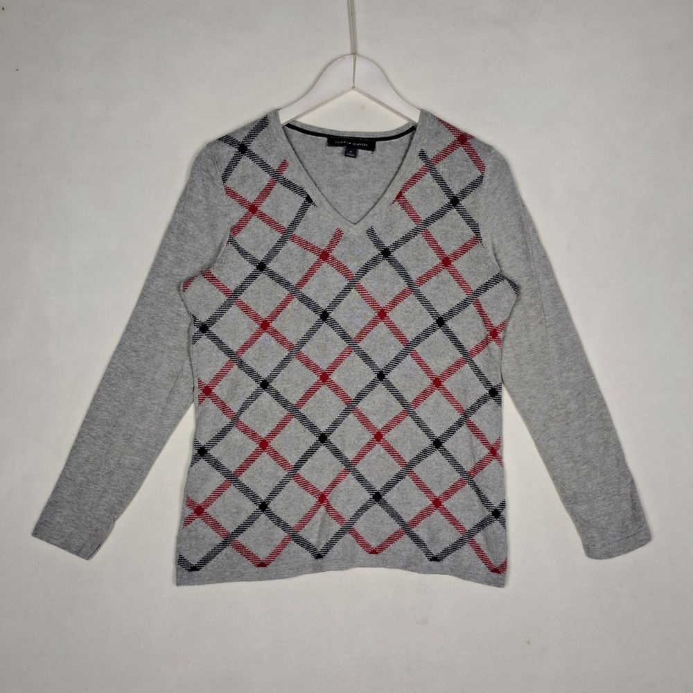 Tommy Hilfiger Womens V-Neck Argyle Sweater Gray Red Blue 100% Cotton M